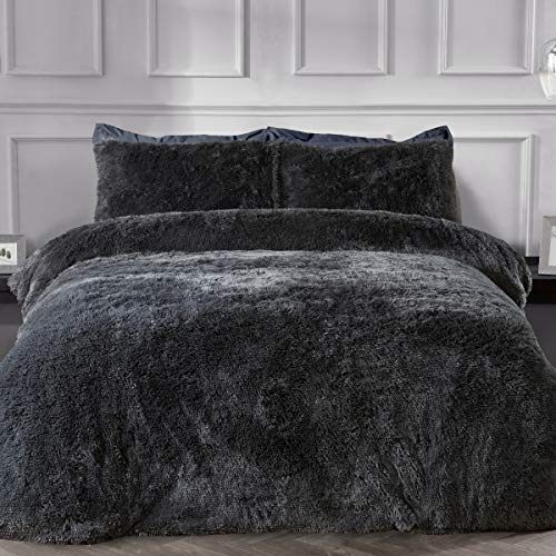 Sleepdown Fleece Luxury Long Pile Faux Fur Charcoal Grey Super Soft Easy Care Duvet Cover Quilt Bedding Set with Pillowcases - Double (200cm x 200cm) 5056242754602