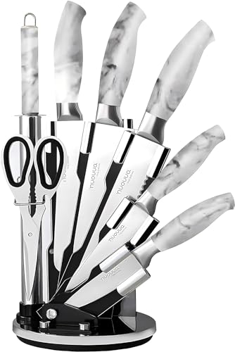 Kitchen Knife Set with Block - 8pcs White Marble Knife Block Set - Stainless Steel Knives - Spinning Block with Sharp Cooking Knives - by Nuovva - Marble Handle