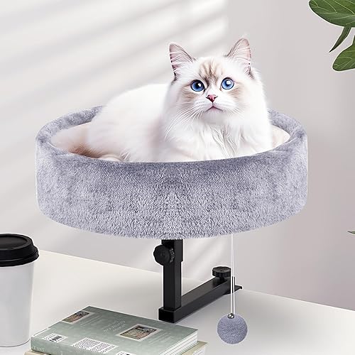 Chumajor Cat Desk Bed - 360° Rotating & Adjustable, Supports 44 lbs, Soft Faux Fur, Modern Indoor Cat Nest Furniture for Office Desks and Game Tables, Island Table - Grey