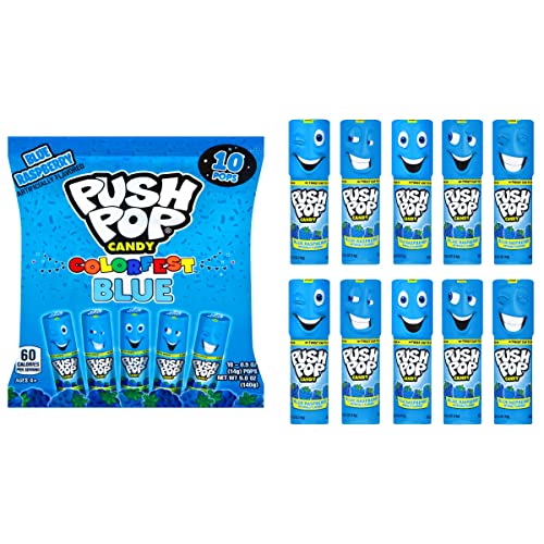 Push Pop Blue Colorfest - Blue Raspberry Lollipops Bulk Summer Candy - 10 Count Individually Wrapped Fruity Lollipops - Raspberry Candy for Pool Parties, the 4th of July, and Summer Fun - Push Pop Blue Party Pack