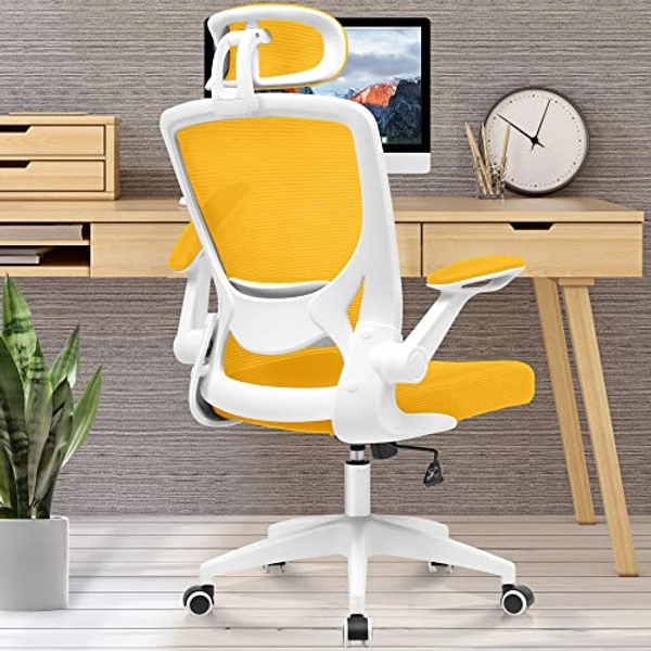 KERDOM Ergonomic Office Chair, Breathable Mesh Desk Chair, Lumbar Support Computer Chair with Headrest and Flip-up Arms, Swivel Task Chair, Adjustable Height Gaming Chair, Yellow