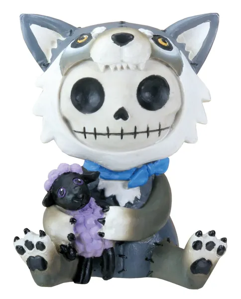 SUMMIT COLLECTION Furrybones Wolfgang Signature Skeleton in Wolf Costume Holding onto a Purple Sheep - 
