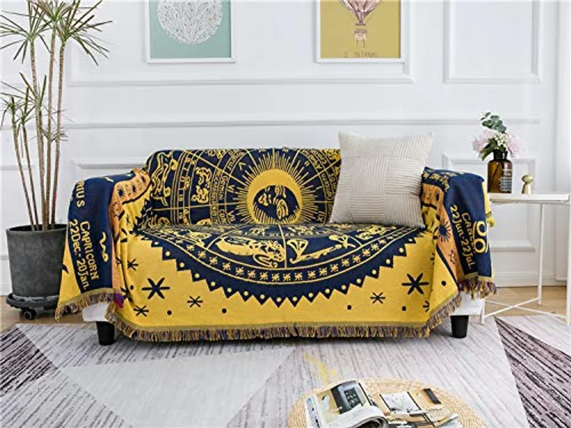 MayNest Boho Woven Throw Blanket Reversible Cotton Bohemian Tapestry Hippie Room Decor Witchy Astrology Zodiac Celestial Constellation Carpet Bed Chair Couch Sofa Cover Double Sided (Yellow, 71"x91") - Yellow Large 71"x91"