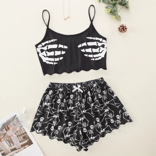 Black Goth Skeleton Print Shorts and Top - Black / M