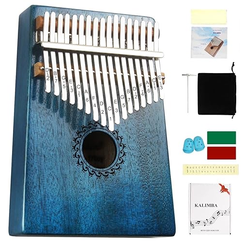 FLSEPAMB Kalimba 17 Key Thumb Piano with Mahogany Wood Portable Mbira Finger Piano Gifts for Kids and Piano Beginners Professional (Blue) - Blue