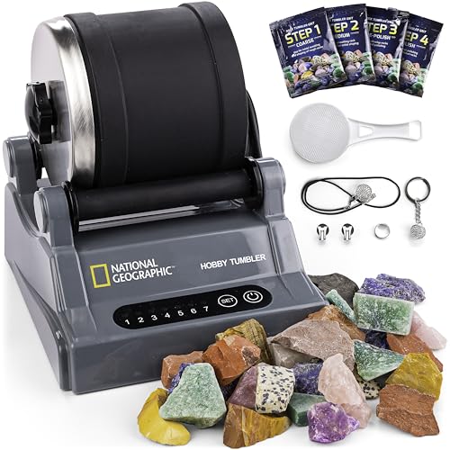 NATIONAL GEOGRAPHIC Rock Tumbler Kit – Hobby Edition includes Rough Gemstones, and 4 Polishing Grits, Great STEM Science Kit for Geology Enthusiasts, Rock Polisher for Kids and Adults - Hobby Kit