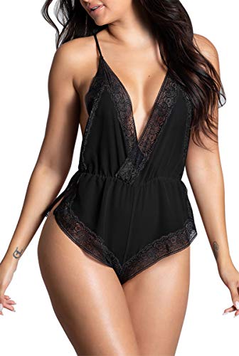 Sexy Lingerie for Women Teddy Lace Bodysuit Deep V-Neck Halter Sleepwear Sheer Mesh One Piece Babydoll Pajamas - Black - Large