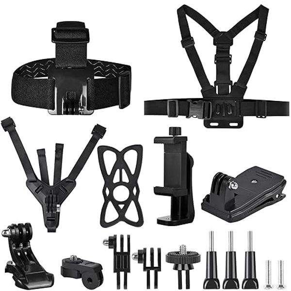 ShipeeKin Poitrine Sangle tête Sangle Sac à Dos Support Casque Menton Crash Mount Set avec Bras d’Extension, kit d’Accessoires réglable Action Camera Cam pour Gopro Hero Series Insta360 etc.