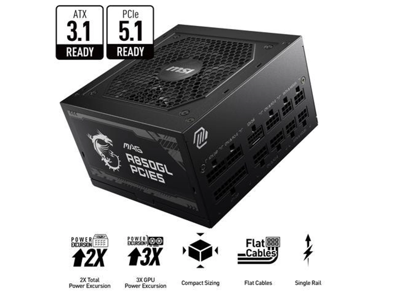 MSI - MAG A850GL PCIE5, 80+ GOLD Fully Modular Gaming PSU, 12V-2x6 Cable,ATX 3.1 & PCIE 5.1 Ready, 850W Power Supply, 10 Year Warranty