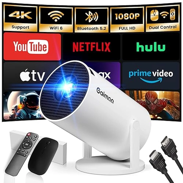 [App intégrée] Vidéoprojecteur 1080P FHD 4K 2025 Rétroprojecteur Portable Mini Projecteur Dual Contrôle avec Souris Android TV WiFi 6 BT5.2 180° Rotation HDMI/TV Stick/USB/PS5, avec HDMI et Souris