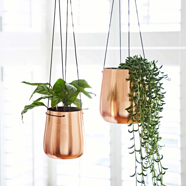 Iron Hanging Planter - Copper Plated - Indoor Decorative Pots - Hanging Plant Pot - Balcony Décor - Adjustable Strap - Hanging Décor