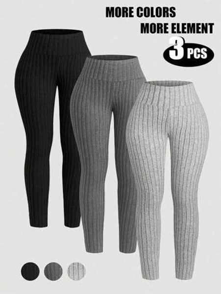 INAWLY 3-Piece Set: Plus Size Solid Color Ribbed Fleece Leggings