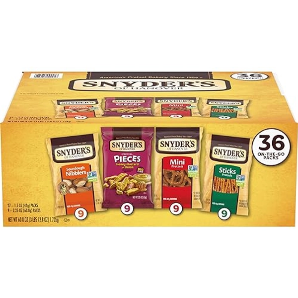 Snyder's of Hanover, Variety Pack Pretzels, Individual Packs, 4 Flavors, 36 Ct (Pack of 36)