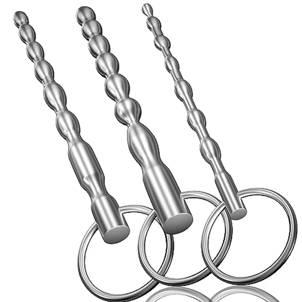 Urethral Sounds Set - 3 PCS Stainless Steel Bumpy Penis Plug Dilator with Safe Ring - Masturbation Rod Sex Toy for Men