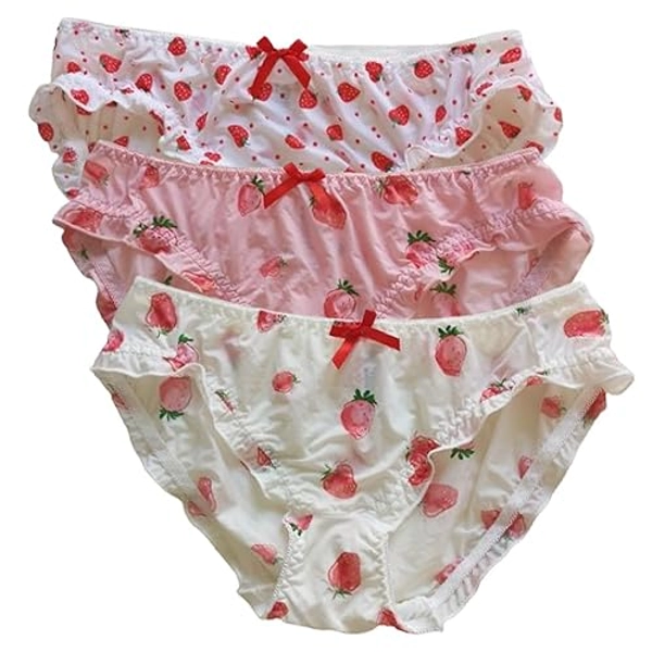 Women’s Underwear Cotton Panties Lace Ruffled Fruit Strawerry Print Bow Knot Silky Cute Kawaii Japanese Underwear 3 Pack