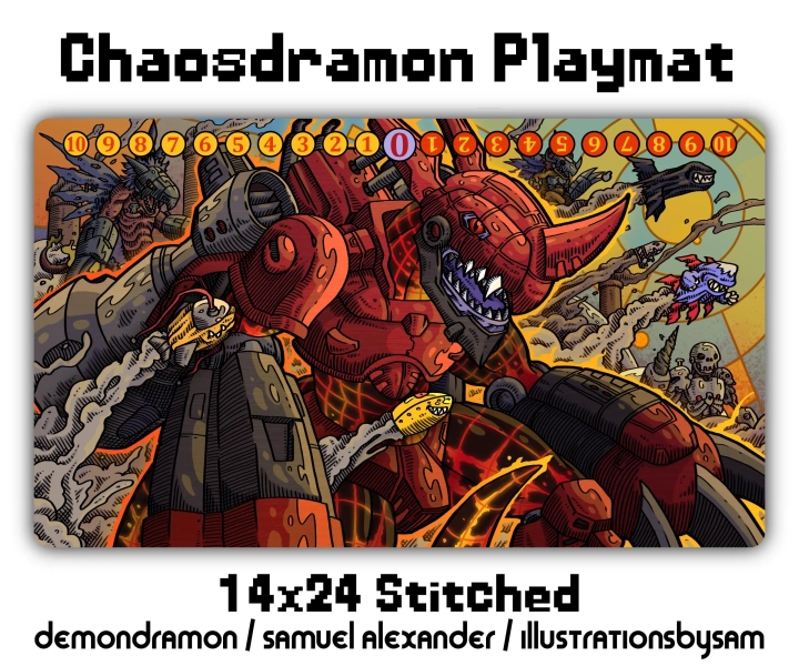 Chaosdramon Playmat - 14x24 Digimon Card Game DCG Stitched Edges Red Black Machine Cyborg DM Metal Empire Machinedramon Analog