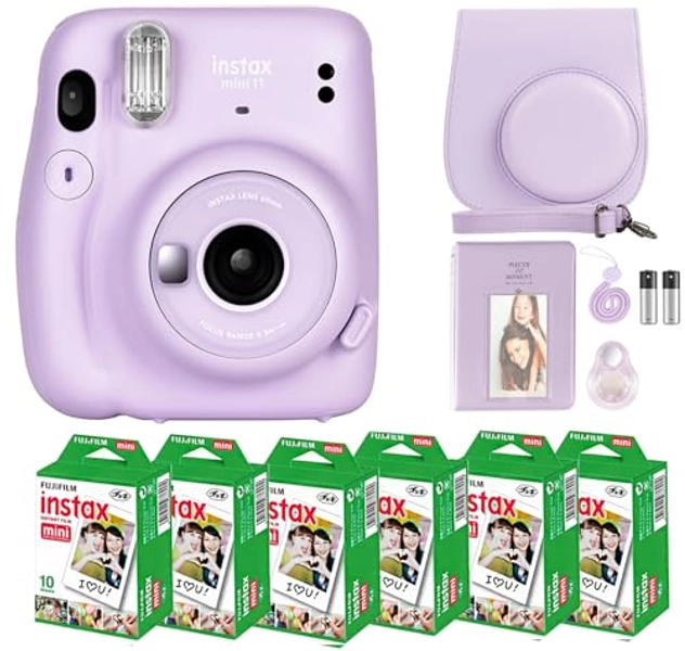 Fujifilm Instax Mini 11 Camera with Fujifilm Instant Mini Film (60 Sheets) Bundle with Deals Number One Accessories Including Carrying Case, Selfie Lens, Photo Album, Stickers (Lilac Purple)