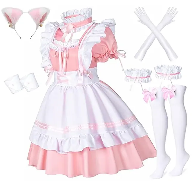 Wannsee Anime French Maid Apron Lolita Fancy Dress Cosplay Costume Furry Cat Ear Gloves Socks Set(Black/Pink)