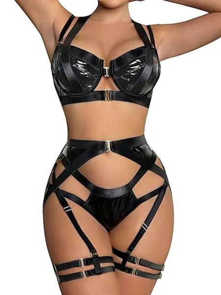 ssyyx Garter Lingerie for Women,Sexy Strappy Lingerie,Matching 4 Piece Lace Lingerie Sets with Underwire