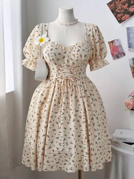 Sunnyshic Vestido de verano elegante con mangas abullonadas, cintura con nudo y estampado floral pequeño para mujer de talla grande