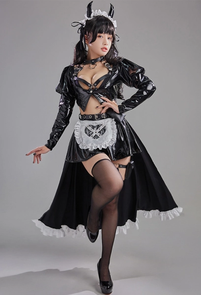 Halloween Maid Style Sexy Lingerie Set Hollow Chest Top and Skirt Set with Bra and Headband
