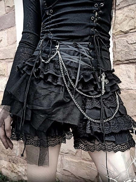 Schnür-Shorts mit hoher Taille und mehrlagiger Spitze, Größe L für Taillenumfang von 75 cm