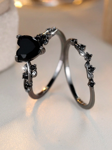Tsnamer 2pcs Gothic Black Golden Wedding Band Promise Engagement Ring Goth Blue/Green/Black Zirconia Rings For Women Girls Halloween Holiday Daily Jewelry Gifts