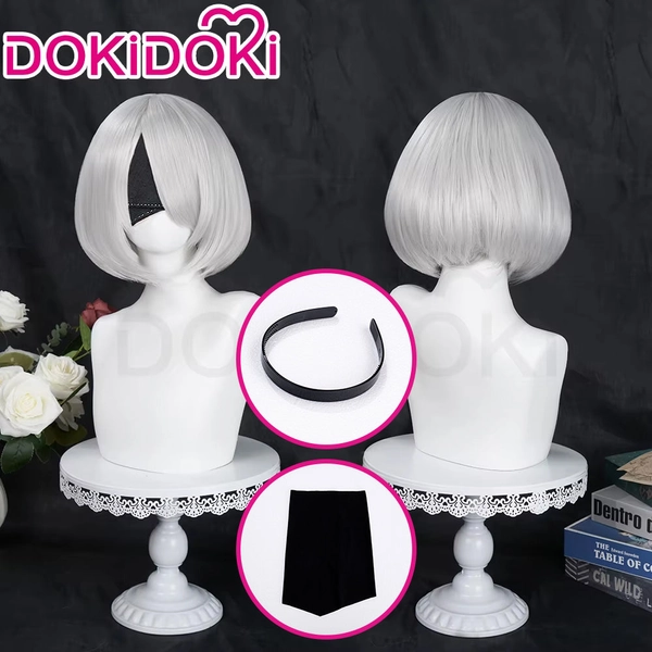 NR:Automata 2B Cosplay Wig No. 2 Type B Women Short White Heat Resistant Hair / Eyeshade / Hairband