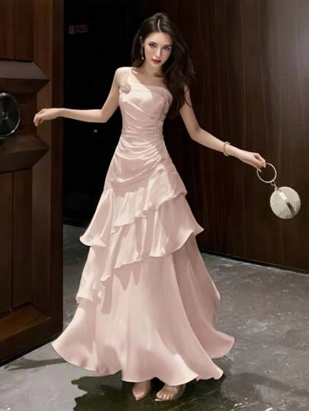 Women Elegant And Chic Shining Prom Dress Spaghetti Strap Ruffles Sleeveless Vintage Party Evening Modest Cami Dresses Slim Birthday Wedding Guest Homecoming Party Outfits