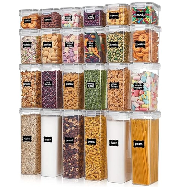 Vtopmart Airtight Food Storage Containers with Lids, 24 pcs Plastic Kitchen and Pantry Organization Canisters for Cereal, Dry Food, Flour and Sugar, BPA Free, Includes 24 Labels，Gray