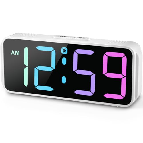 Peakeep Small Digital Clock, Color Changing Alarm Clock for Bedrooms Bedside - 6 Brightness, Powered by Corded Plug Electric Adapter, Backup with Battery - White With Colorful