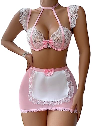 WDIRARA Women's 3 Piece Sets Contrast Lace Colorblock Bow Front Low Rise Underwire Halter Lingerie Set - Medium - Pink and White
