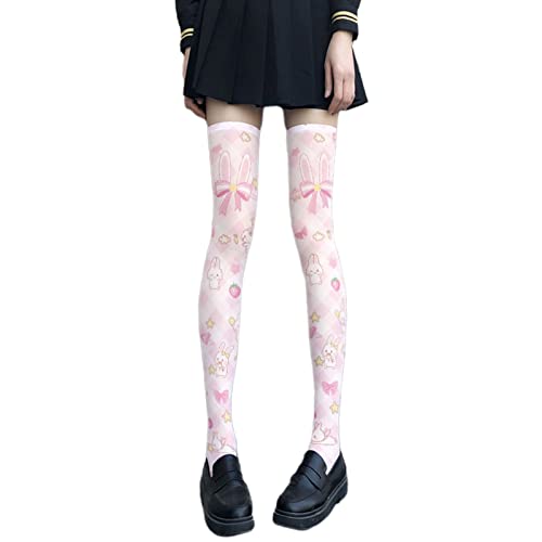 Feamos Lolita Cartoon Rabbit for Cat Print Thigh High Stockings Anime Kawaii Over Knee Sock - As pic show - 2