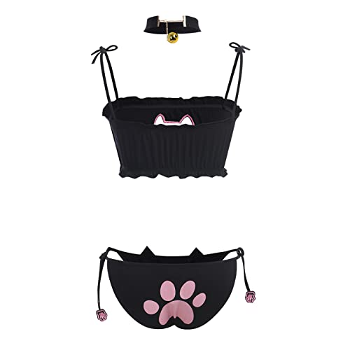 Womens Cute Kawaii Anime Cat Kitten Lingerie Set Micro Bikini Strappy Tiny Bra Mini Panty Extreme Swimsuit - One Size - Black-03