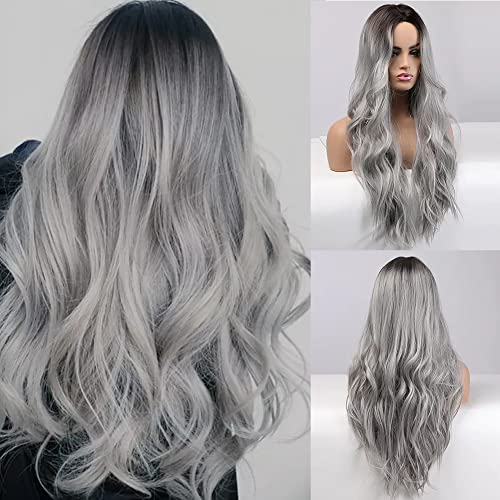 piaou Long Wavy Synthetic Wig 26Inch Ombre Silver Gray Wigs for Women Middle Part Wig with Dark Brown Roots Natural Looking Heat Resistant Hair for Party Daily Use - Ombre Silver Gray