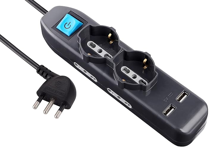 Electraline 62095 Multipresa 6 Posti 2 Polivalenti Schuko 4 Bivalenti 10/16A 2 Prese USB 2.1A -Cavo 1,5 M, Nero - Nero - Single