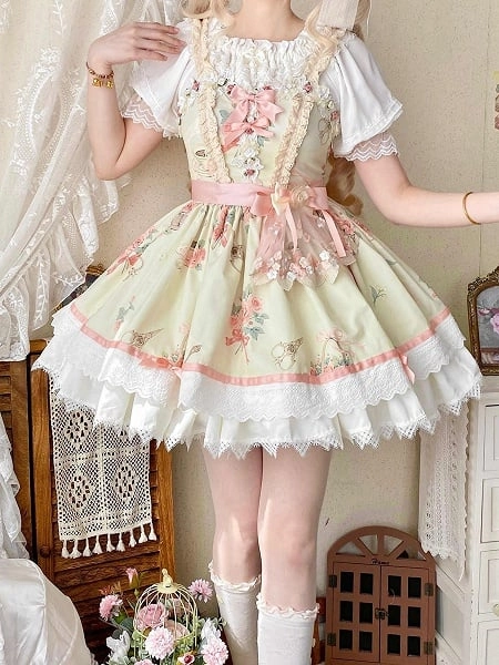 [$31.89]Rosette Print Summer Short Dress High Waist Lolita Jumper Skirt