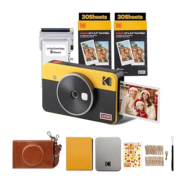 KODAK Mini Shot 2 Retro Christmas Gifts 4Pass 2-in-1 Instant Camera and Photo Printer (5.3 x 8.6 cm) + Accessory Package 68 Sheets, Yellow
