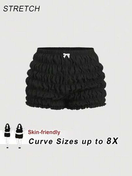 SHEIN CURVE+ Plus Size Tomato Girl Kawaii Bow Decor Pleated Mini Shorts For Women