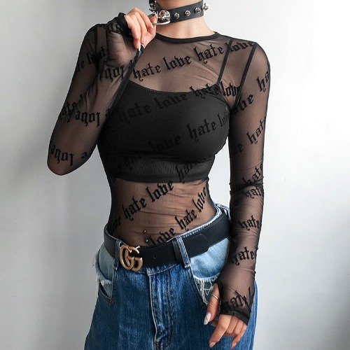 'Black Grunge Mesh Long Sleeve Top' - Black T-Shirt / L