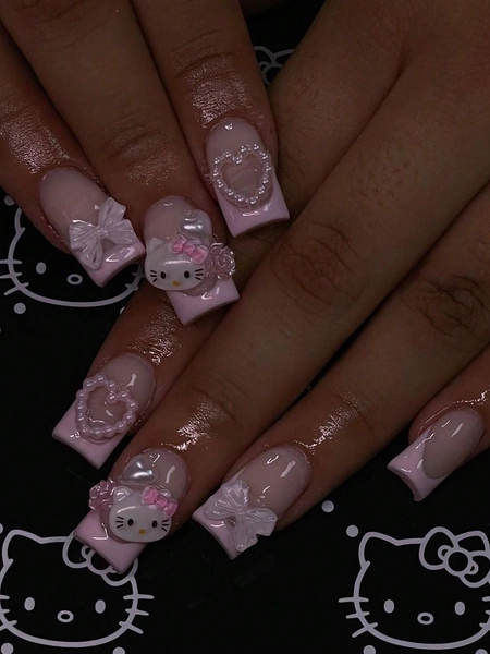 24PCS Chinese Square Nail Patch Pink French Cute Cartoon HelloKitty Diamond White Love Pearl Diamond 3d Colorful Bow Diamond False Nail Fashion Nail Art Party Dance Daily Wear Suit (With: A Piece Of Jelly Glue 1 Rubbing Strip)