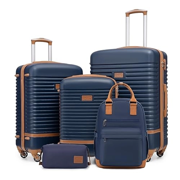 COOLIFE Suitcase Trolley Carry On Hand Cabin Luggage Hard Shell Travel Bag Lightweight with TSA Lock,The Suitcase Included 1pcs Travel Backpack and 1pcs Toiletry Bag (Blue/Brown, 5 Piece Set)