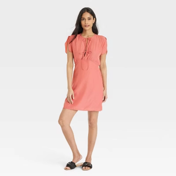Women's Tie-Front Flutter Short Sleeve Mini A-Line Dress - Universal Thread™ Pink XL: Lightweight Woven, Side Pocket
