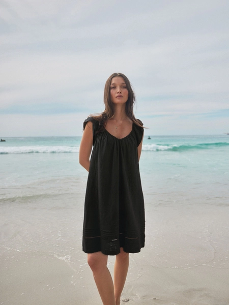 Black V-Neck Ruffle Sleeve Mini Dress with Linen