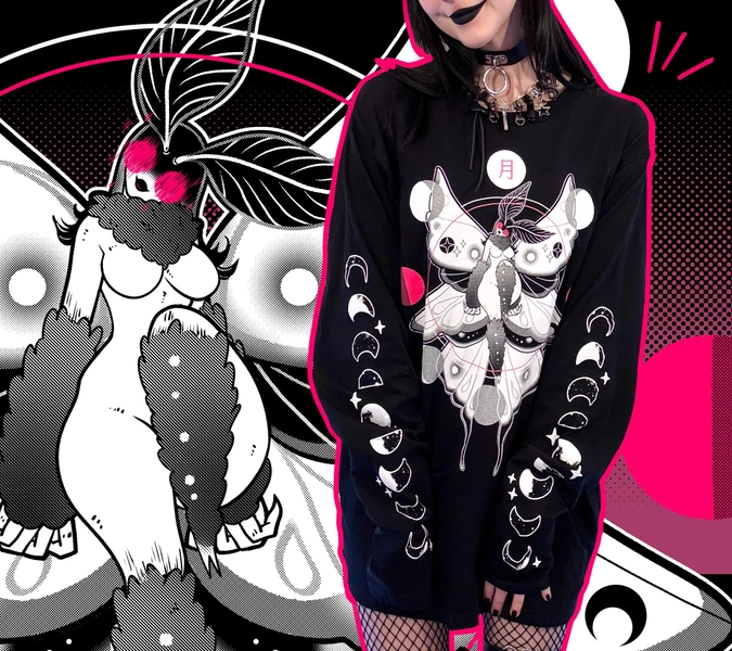 Luna Mothra Long sleeve tshirt (Sizes S-4XL) Mothman inspired Kawaii Monster Girl Teeth kowai creepy apparel Anime Rave tee