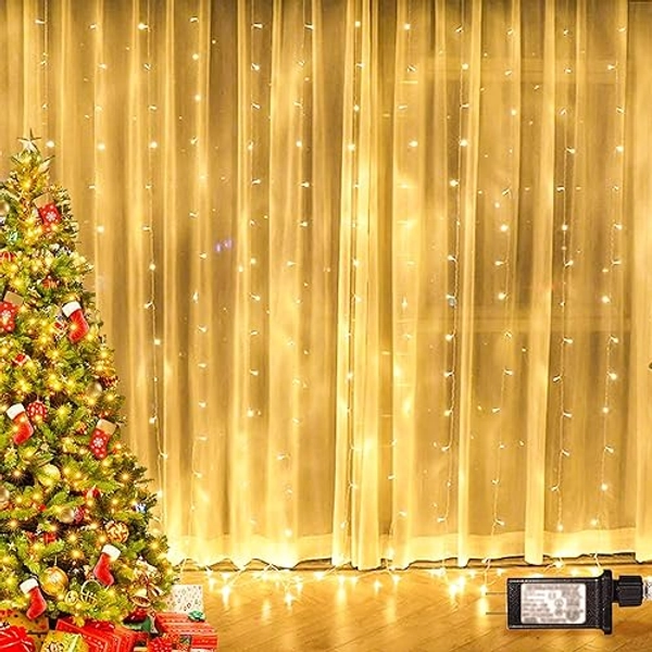 Twinkle Star 300 LED Window Curtain String Light for Christmas Wedding Party Home Garden Bedroom Outdoor Indoor Wall Decorations (Warm White)