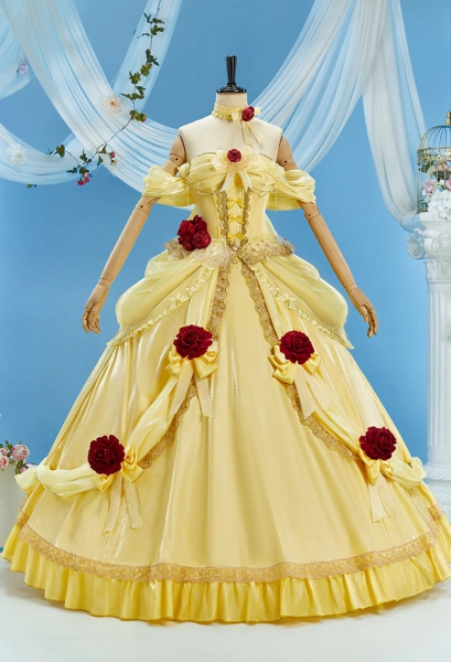 Princess Belle Cosplay Costume Ball Gown Yellow Dress with Choker and Bow