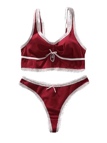WDIRARA Women's Plus Size Lace Trim Ruched Underwire Lingerie Set Bralette and Panty Set - X-Large Plus - Burgundy