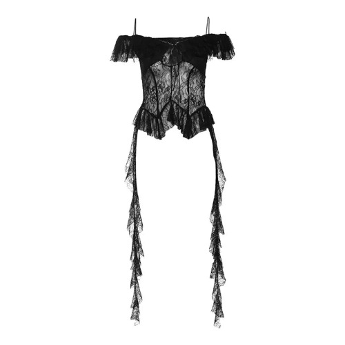 Gothic 'Requiem' Black Lace Flowy Detail Top in Black or White - Black / M