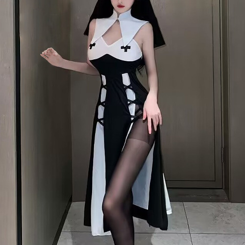 Seductive Nun Cosplay Lingerie Set - Black / M